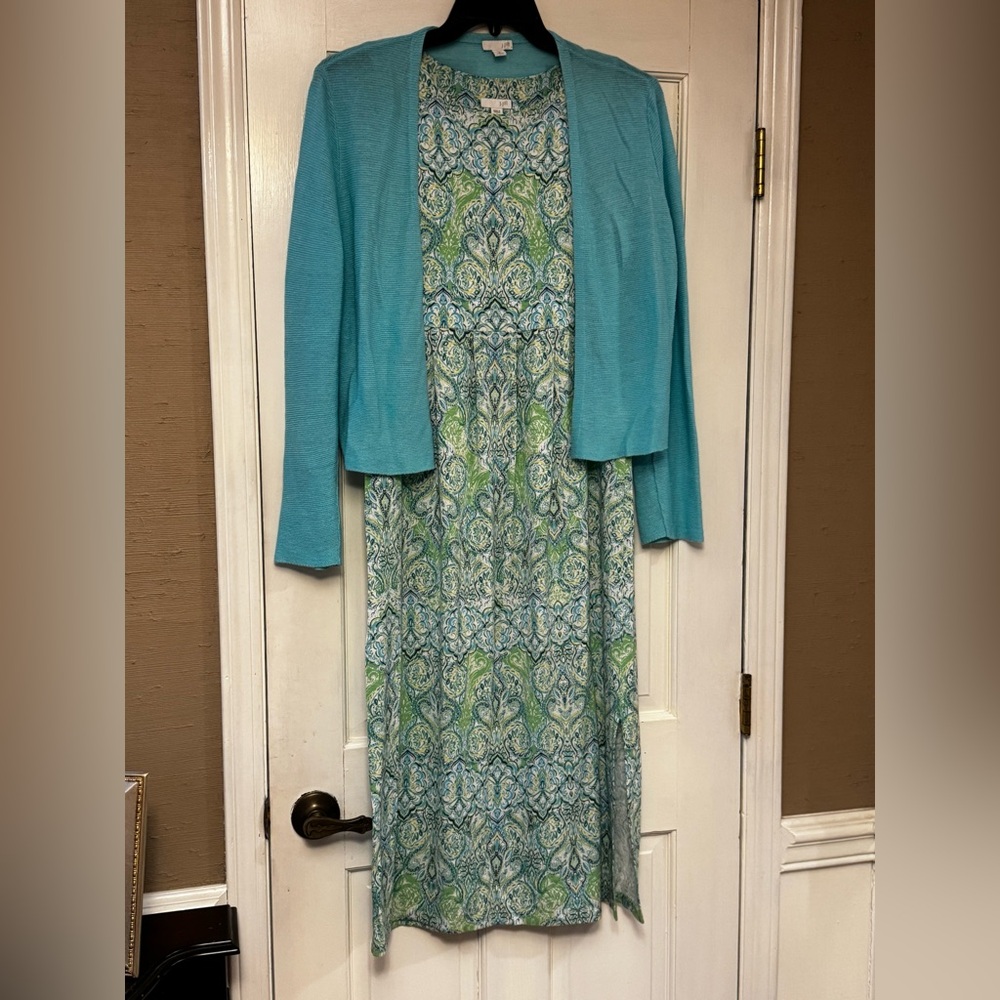 J. Jill Blue Teal Green Patterned Midi Dress with Teal Cardigan